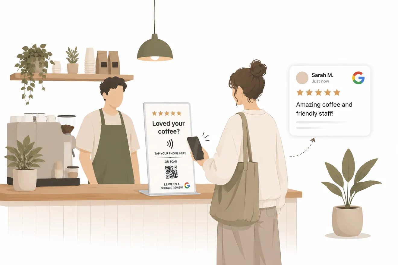 A customer taps their phone on a Tapkoi review stand at a café counter to leave a five-star Google review